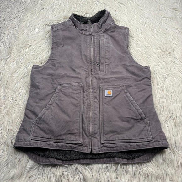 Carhartt Jackets & Blazers - Carahartt Women's S Gray Washed Duck Mock Neck Vest Sherpa Fleece Lined Workwear